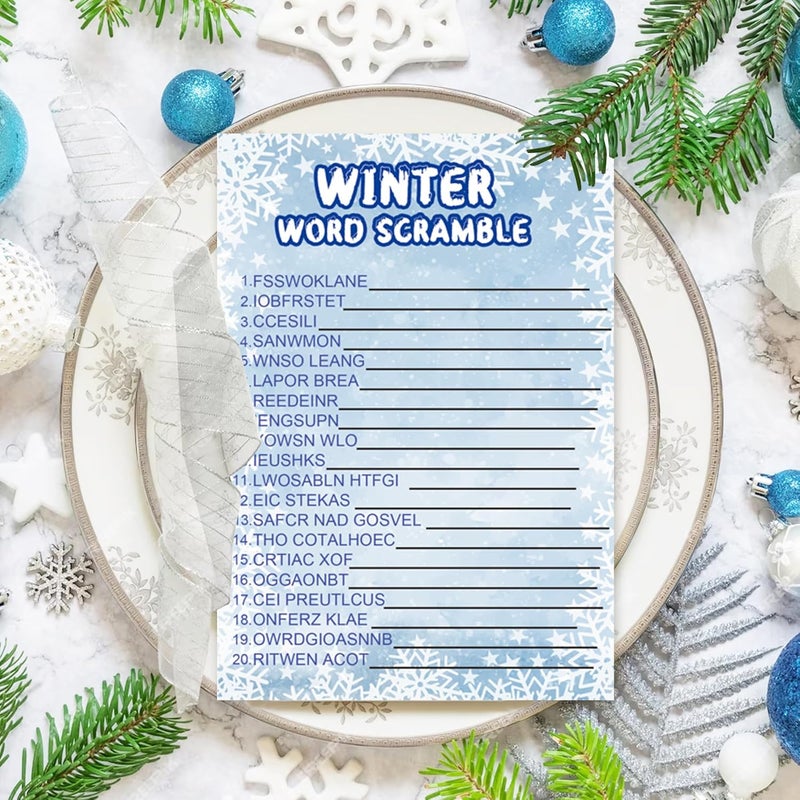 MLOLM 129 Pcs Winter Party Games Card for Family,Frozen Word Search Word Scramble Trivia Game Code Break for Christmas Winter - Image 4